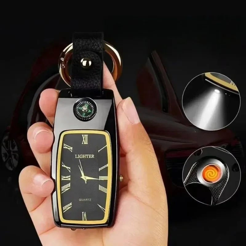 Metall Multifunktionale Schlüsselbund Echte Uhr Wolfram Draht Zündung USB Elektrische Feuerzeug Outdoor Kompass Notbeleuchtung Gadgets Image