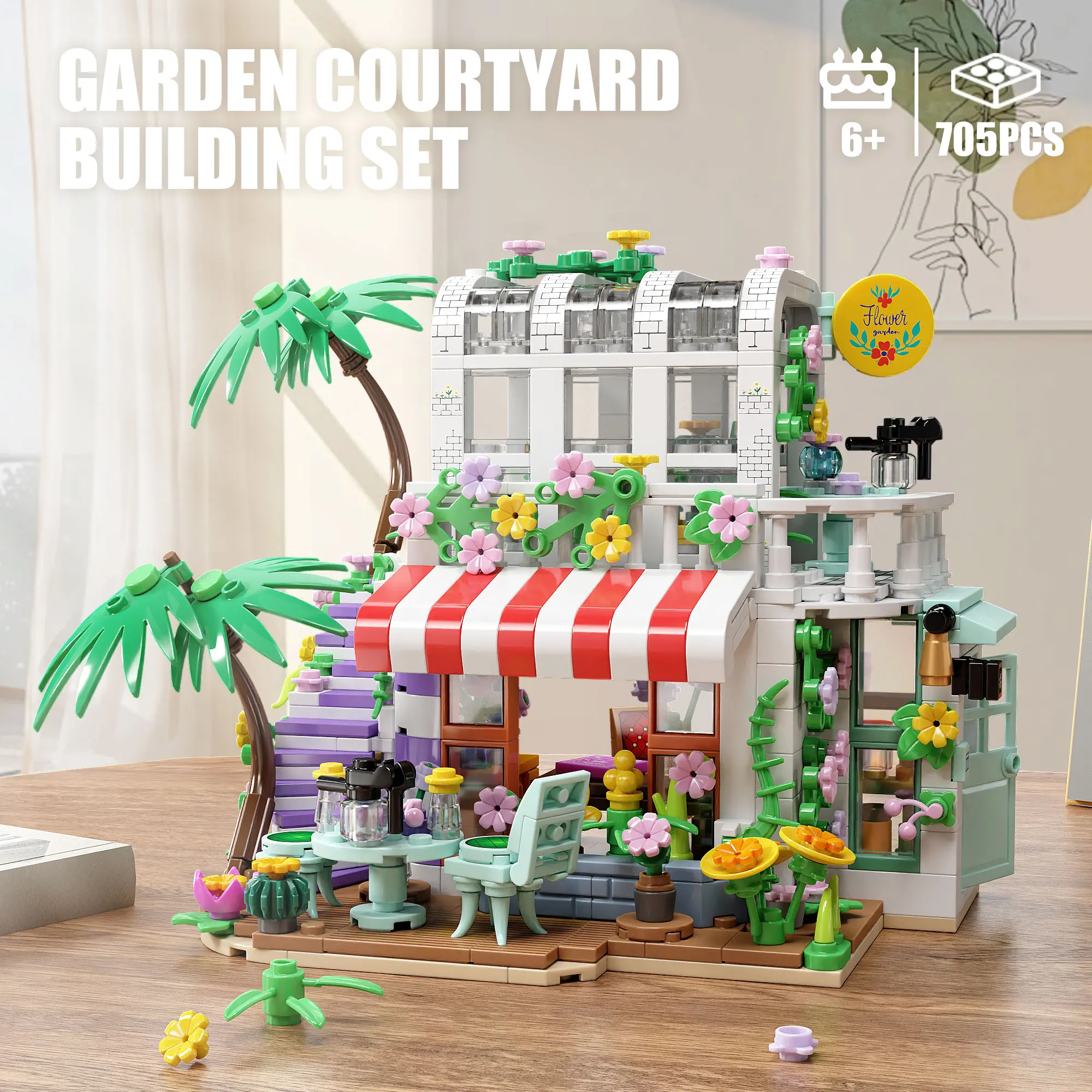 705PCS Garten Hof Bausteine Spielzeug Set Puzzle Ziegel Modell mit Licht Kreative Architektur Desktop Dekoration Geschenke Image