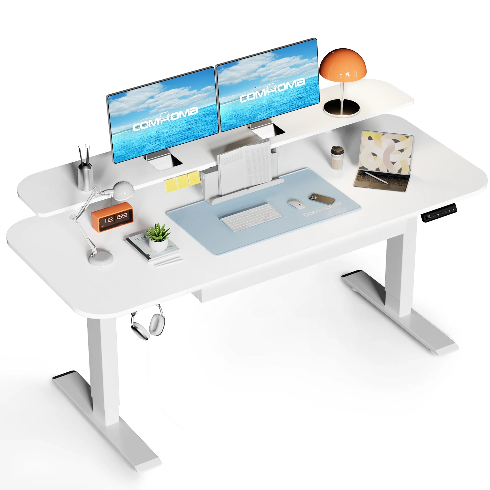 COMHOMA Höhenverstellbarer Schreibtisch Elektrischer mit Schubladen, Monitorständer, Tablet-Ständer mit 3 höhen, Weiß