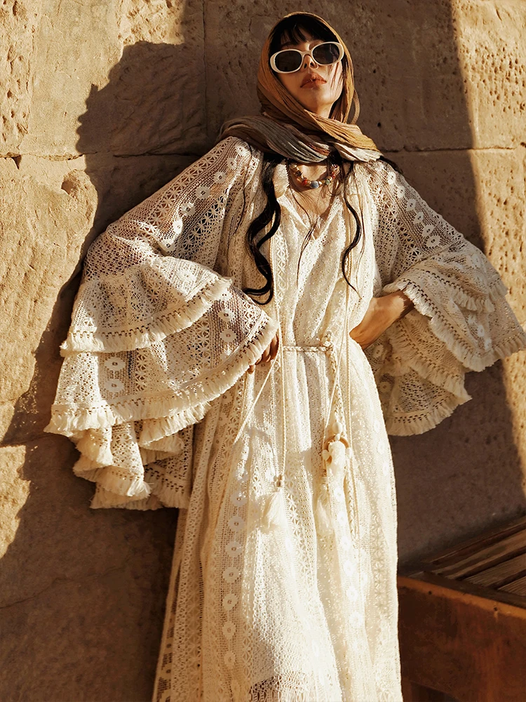 TIYIHAILEY Spitze Stickerei Frühling Frauen Kleider Volle Flare Sleevev Beige Lose Damen Kleidung Mode Lange Maxi 2025 2 stücke Neue Image