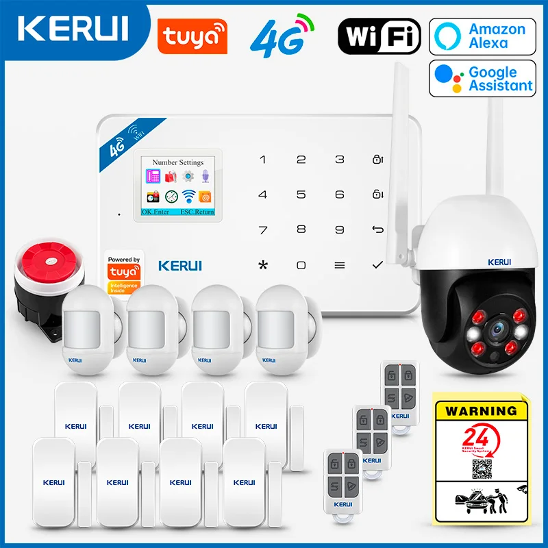 KERUI W184 4G Tuya Smart WIFI GSM Sicherheit Alarm System Arbeit Mit Alexa Hause Einbrecher Motion Detektor Tür Sensor außen Kamera Image