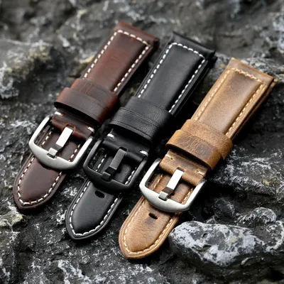 Handgefertigtes Oberschicht-Rindslederarmband 20 mm, 22 mm, 24 mm, 26 mm, braun-schwarz, Retro-Herren-Dickriemen, für PAM-Oberschicht-Rindsleder Image