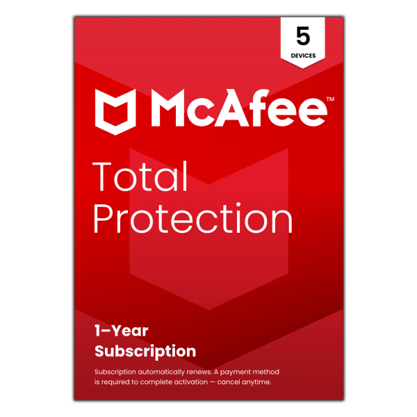 McAfee Total Protection Antivirus & Internet Security Software, 5 Devices, 1-Year Subscription, Product Key, MTP41EOD5RAAM