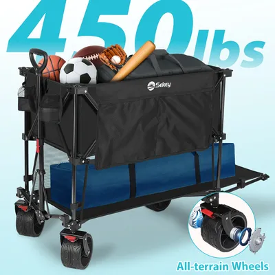 450LBS Double Decker Collapsible Wagon 50"L Extended 400L Large Capacity Heavy Duty Foldable Wagon