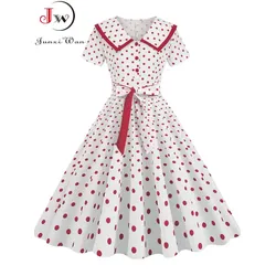 Robe mi-longue vintage à pois pour femmes, col rabattu, robe boutonnée élégante, manches courtes, robe de soirée, été, style des années 50