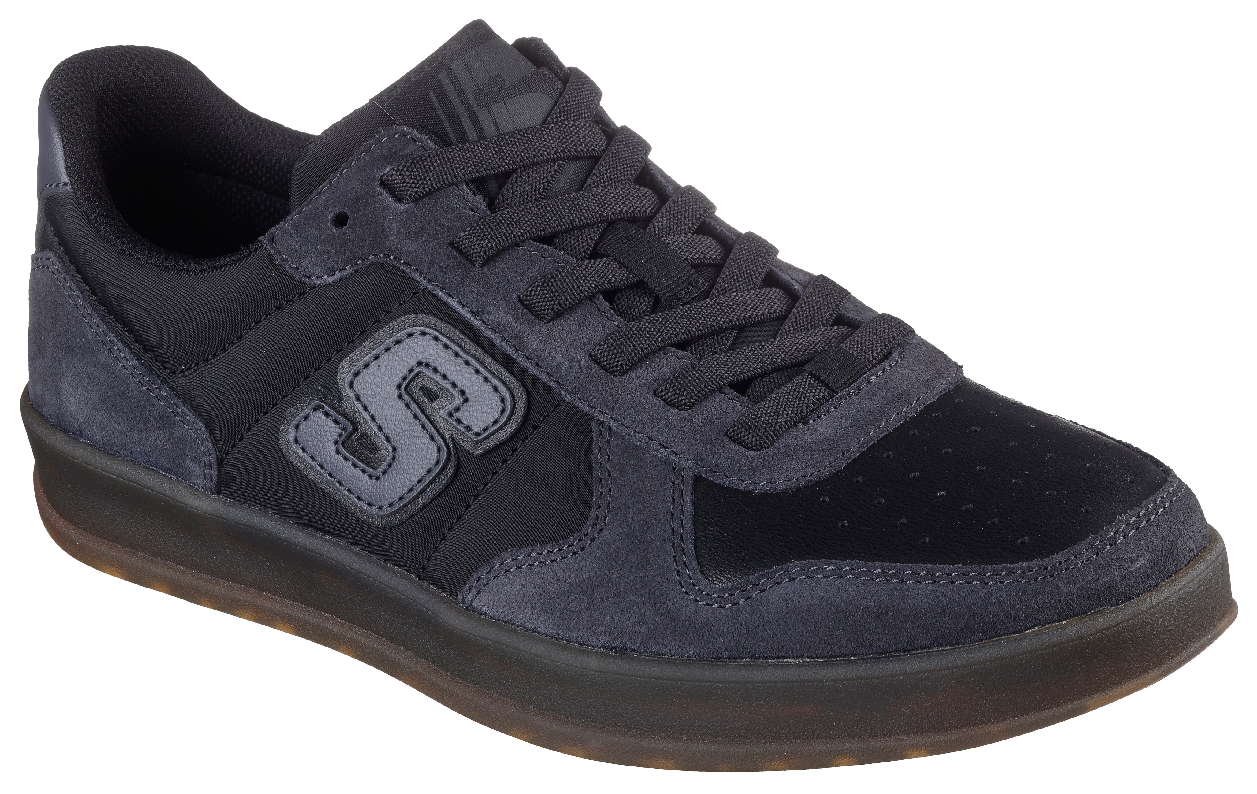 Slip-On Sneaker SKECHERS "NEW WAVE CUP-CALVEN", Herren, Gr. 45, schwarz (schwarz, grau), Lederimitat, Textil, Veloursleder, Schuhe, Retro Sneaker, Schnürschuh mit Gummizug