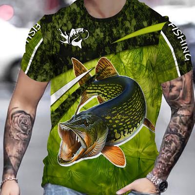 TEMU Men's 3d Fishing Graphic T-shirt, Casual Crew Neck Polyester Tee, Stretch Knit Fabric, Regular Fit - Polyester Image