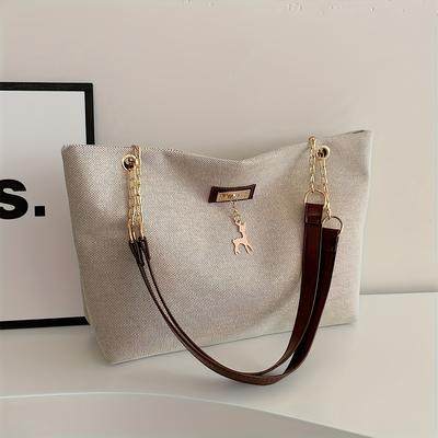 TEMU 1pc Fashionable Polyester Tote Bag - Large Capacity, Adjustable Contrast Strap, Zipper Closure, Deer Charm For Women (messenger Bag Style) Image