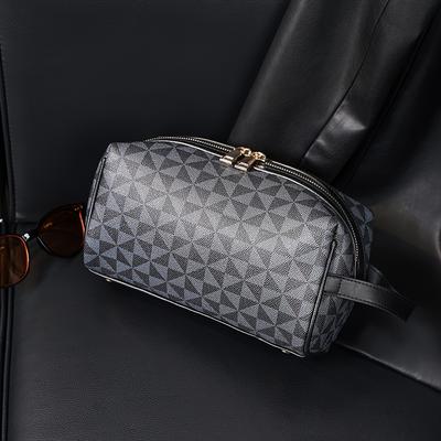 TEMU Men's Geometric Pattern Handheld Crossbody Bag - Durable Fabric With Golden-tone Hardware, Spacious For Outdoor, Commuting & Casual Use - Black Image