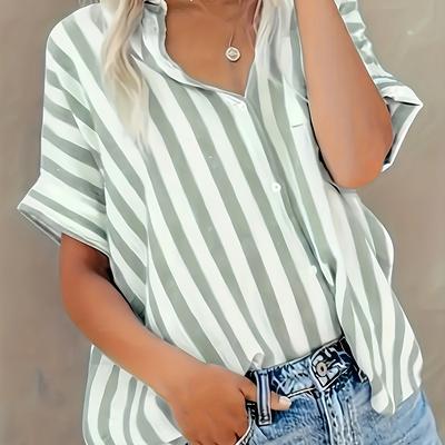 TEMU Women's Plus Size Casual Striped Shirt - , Loose Fit H-silhouette, Short Sleeve Button-up, Machine Washable Spring/summer Top For Casual Attire, Summer Fashion, Collar, Nontransparent Fabric Image