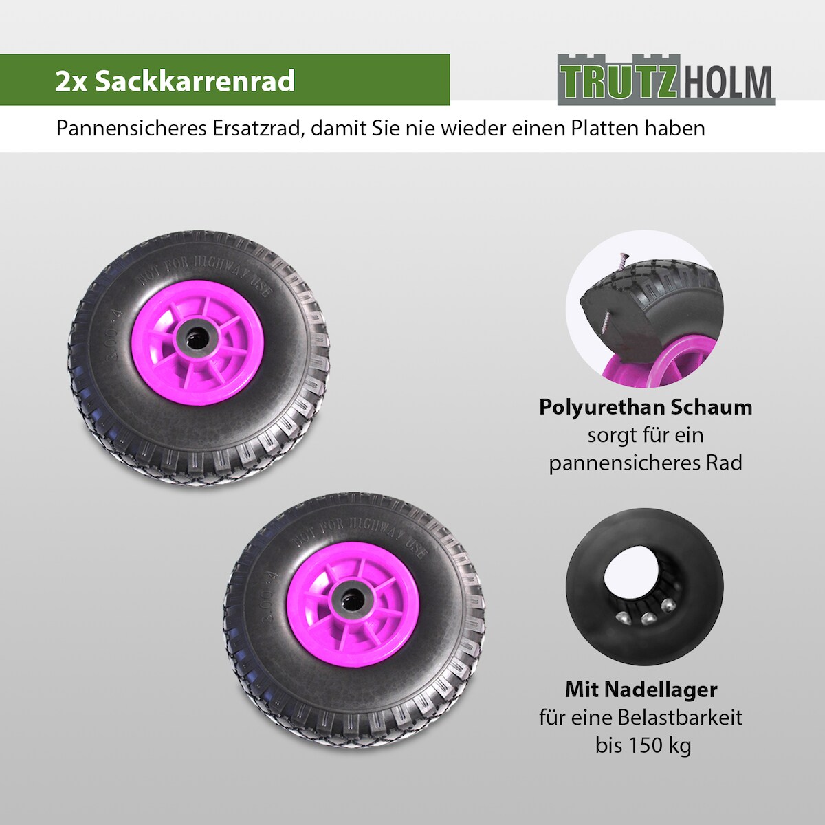 Baumarktplus 2x Sackkarrenrad PU-Rad 260x85 mm 3.00-4 75 mm zentrierte Nabe Ø 20 mm pink Vollgummi Bollerwagen Image