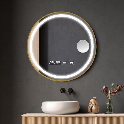 60x60x3cm Miroir de salle de bains led rond , miroir de vanité à cadre doré, avec capteur tactile,