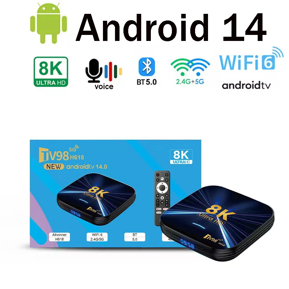 TV98 H618 Android 14 Smart TV Box Allwinner H618 unterstützt 4G 5G Dual Wifi6 HD 8K 4K 4G 64G Media Player TV Box Voice Set Top Box Image