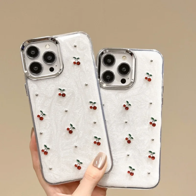 Modische galvanisierte Cartoon-Diamant-Glitzer-Kirsche, niedliche stoßfeste Silikonhülle für iPhone 11, 12, 13, 14, 15, Pro Max Cover Girl Image