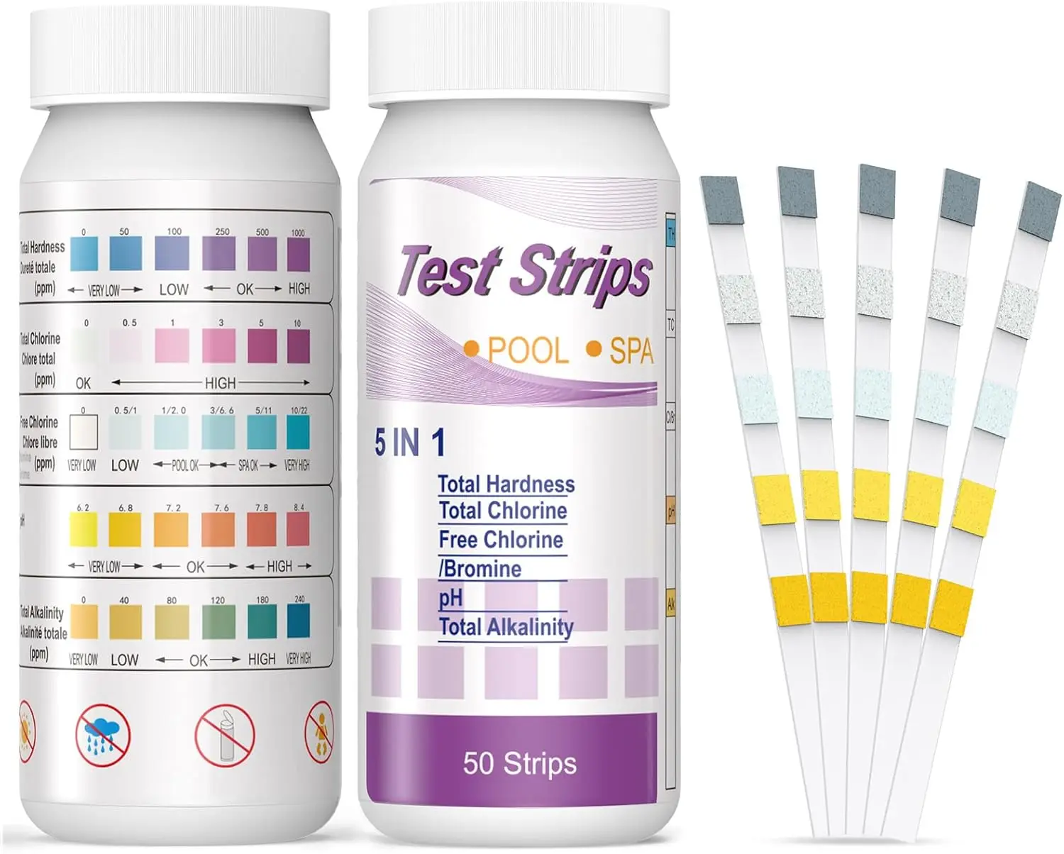 50 Stück Mehrzweck 5 in 1 Chlor PH Teststreifen SPA Schwimmbad Wasser Tester Papier Härte Werkzeug Image