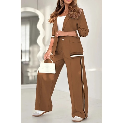 Frauen 2-teilig Elegant Mode Streetwear Hosen Sets Blazer Anzüge Langarm Hemd Kragen Gestreift Outdoor Arbeit Schwarz Weiß Braun Sommer Reguläre Passform Image