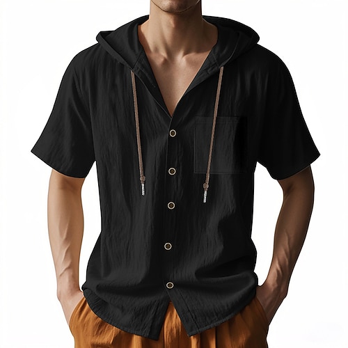 Herren Hemd Freizeithemd Knopfhemd Baumwollhemd Einfach Urlaub Straße Schwarz Weiß Hellgrün Dunkelmarine Kurzarm Mit Kapuze Sommer Bekleidung Button-Down Image