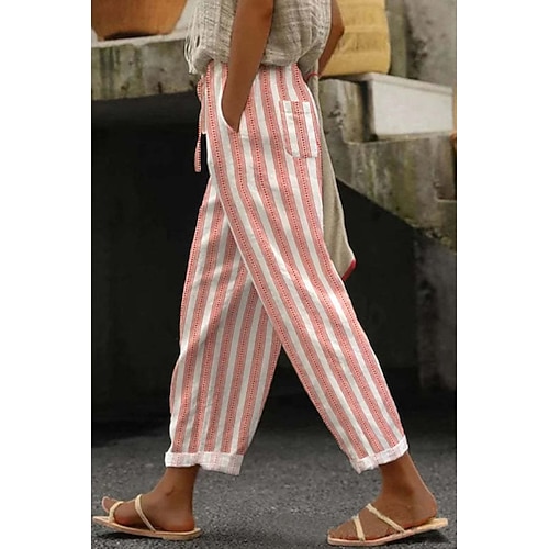 Damen Kunstbaumwollleinen Stoffhosen Lässig Volle Länge Natürliche Taille Blumen Tasche Drucken Elastisches Kordelzugdesign Bequem Straße Ausgehen Schwarzgrau Magenta Dunkelrot Pfauenblau Sommer Image