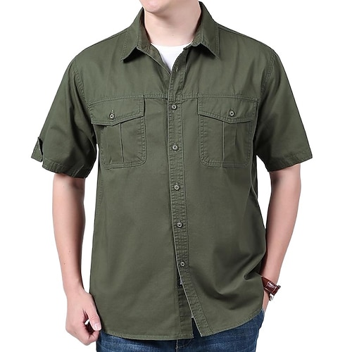 Herren Hemd Sommerhemd Freizeithemd Knopfhemd Cargohemd Dunkel Blau Kaki Armeegrün Beige Grau Kurzarm Einfach Hemdkragen Urlaub Hawaiianisch Tasche Bekleidung 100% Baumwolle Mode Lässig Bequem Image