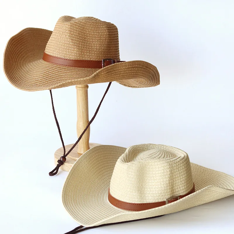 Faltbarer Unisex-Cowboyhut aus Stroh mit breiter Krempe, Sonnenschutz-Western-Cowgirl-/Cowboyhut, Sommer-Strand-Sonnenhut mit Wind-Lanyard Image