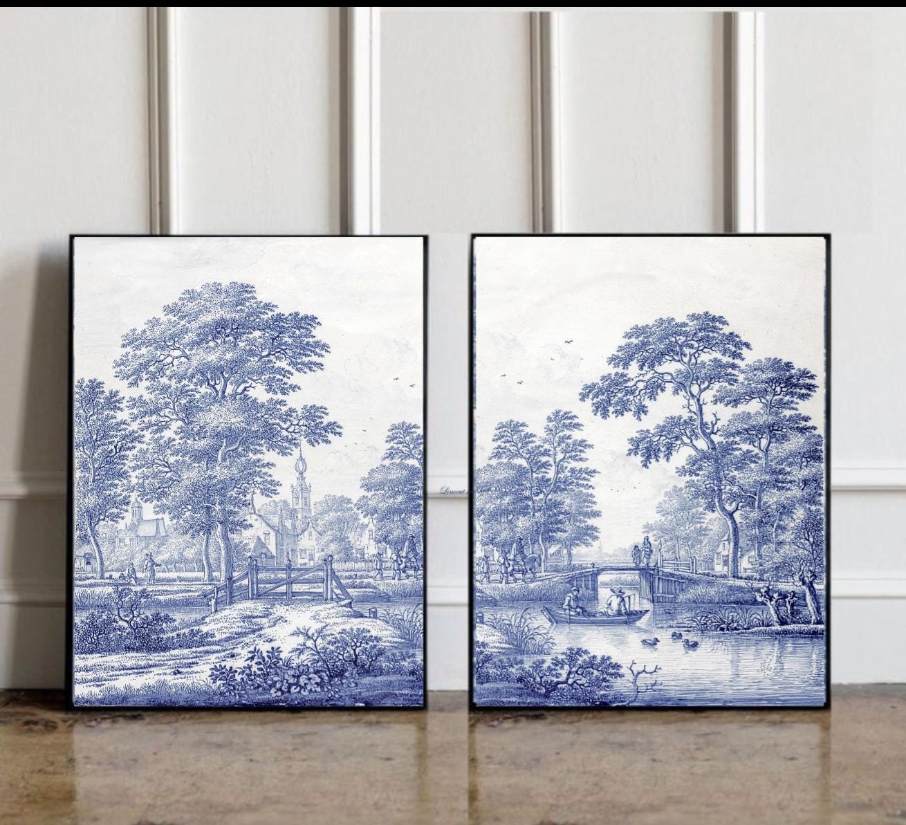 2 set di decorazioni murali Toile de Jouy, decorazioni murali blu e bianche, stampe artistiche Toile de Jouy, galleria murale, arredamento per la casa