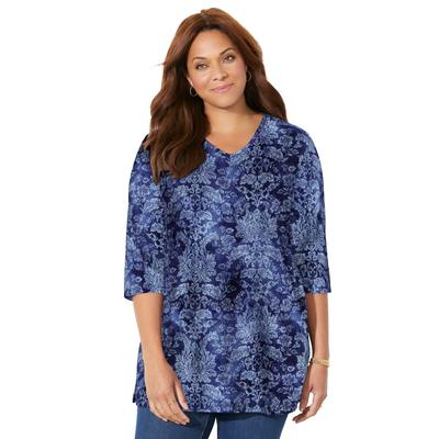 Plus Size Women's Easy Fit 3/4 Sleeve V-Neck Tee by Catherines in Navy Textured Damask (Size 3X)