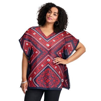 Plus Size Women's Crochet Trim Poncho Top by Avenue in Americana Scarf Print (Size 22/24)