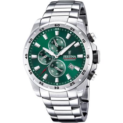 Chronograph FESTINA "Chronograph Sport", silber (silberfarben, grün), Armbanduhren, Herren, Armbanduhr, Quarzuhr, Herrenuhr, Stoppfunktion, Edelstahlarmband Image