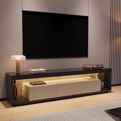 79" Modern Low Profile TV Stand with Glass Tabletop, Luxury TV Stand with LED Lights & Storage, Perfect for 75 Inch TVs, Fully Assembled