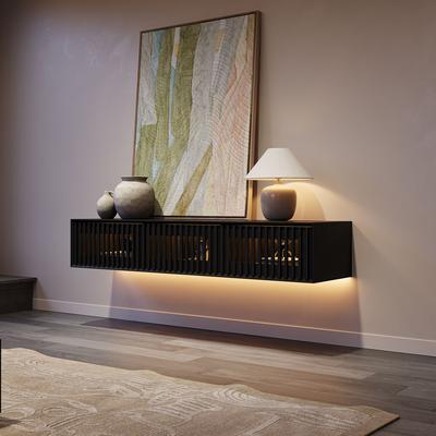 63" Mid-Century Floating TV Console with Adjustable LED Lights, Wall Mount TV Stand for 55-Inch TVs, TV Cabinet with Storage, Black TV Stand for Living Room