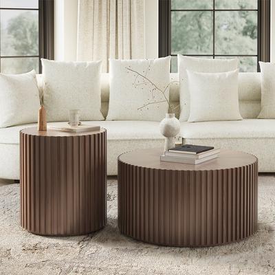 Fluted Round Coffee Table and End Table Set, 2-Piece Modern Wood Drum Coffee Table Sets, for Living Room, Light Walnut Color, Fully Assembly