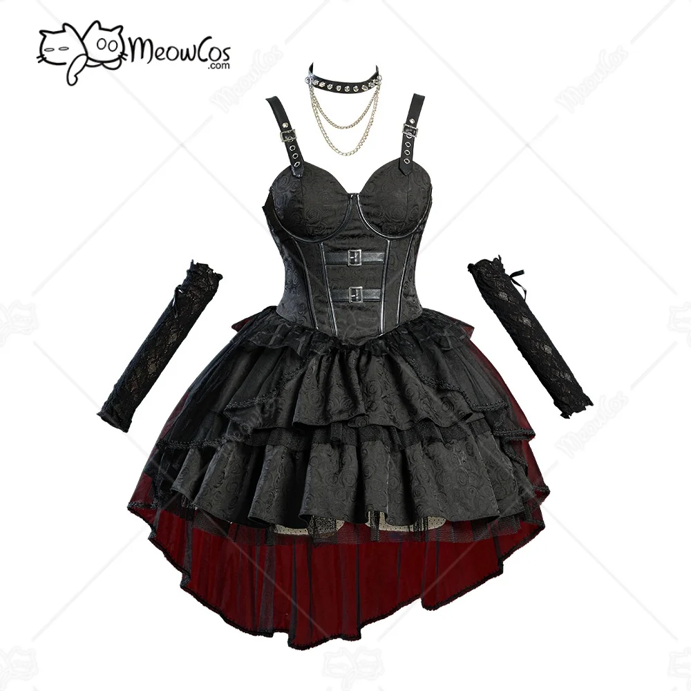 MEOWCOS Damen Miss Misa Gothic Schwarz Lolita Kleid Vintage Mehrschichtiges Trägerkleid mit Handschuhen Cosplay Kostüm