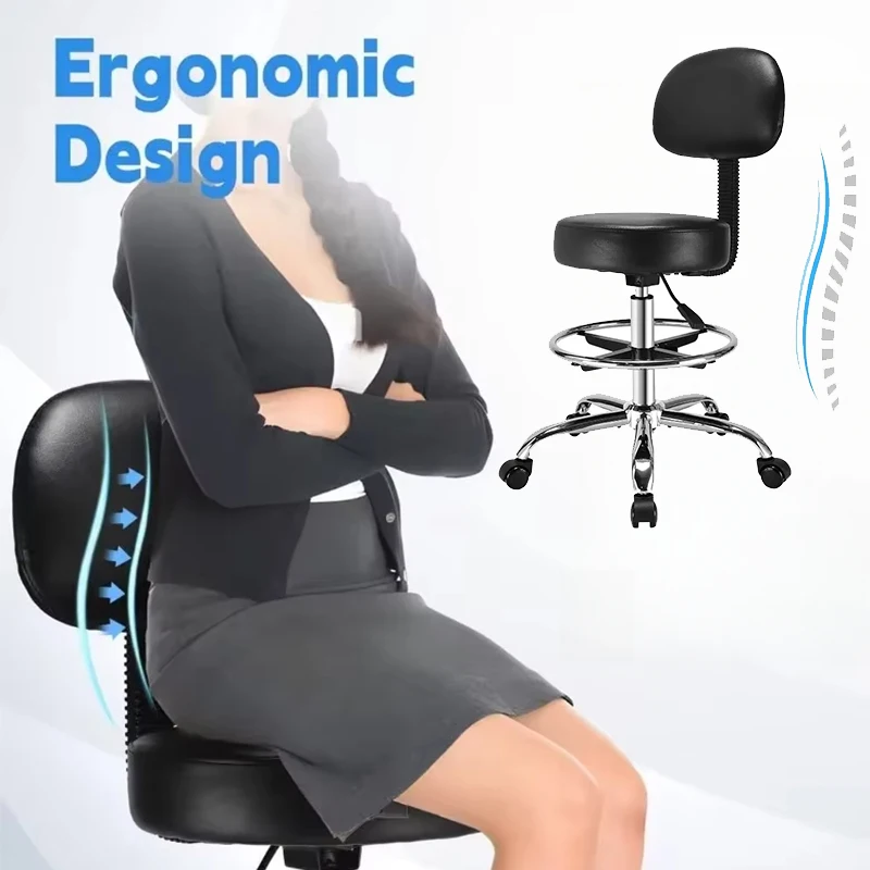 Ergonomischer Rollhocker mit Rückenlehne, PU-Lederband, verstellbares Pedal, drehbarer runder Arbeitsstuhl, Büro-Barhocker, Lounge-Stuhl