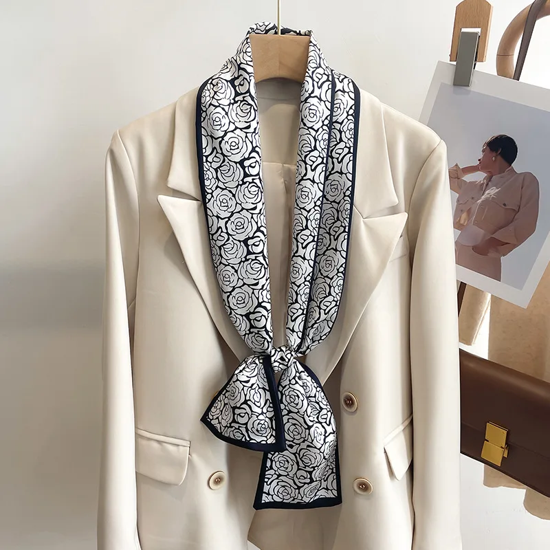 Seide dünnen Schal Frauen Luxus Blumen druck Haar gummis Band Halstuch Haarband weichen Satin Dame Stirnband Bags carf Krawatte Image