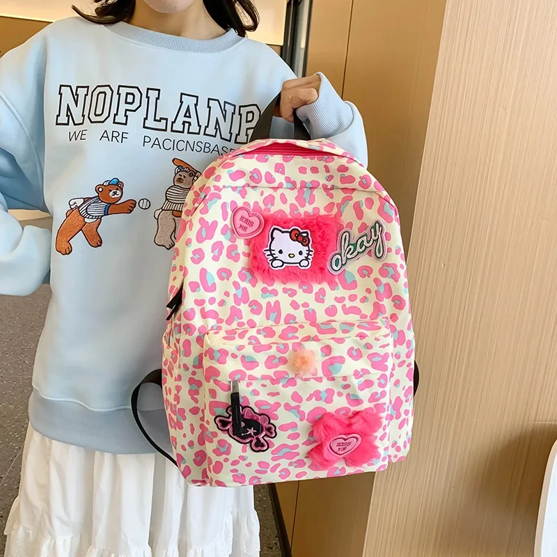 Hello Kitty Cartoon Pink Leopard Print Rucksack mit großem Fassungsvermögen, Freizeit-Reiserucksack, Schultasche für Schüler, Mädchen-Geschenke