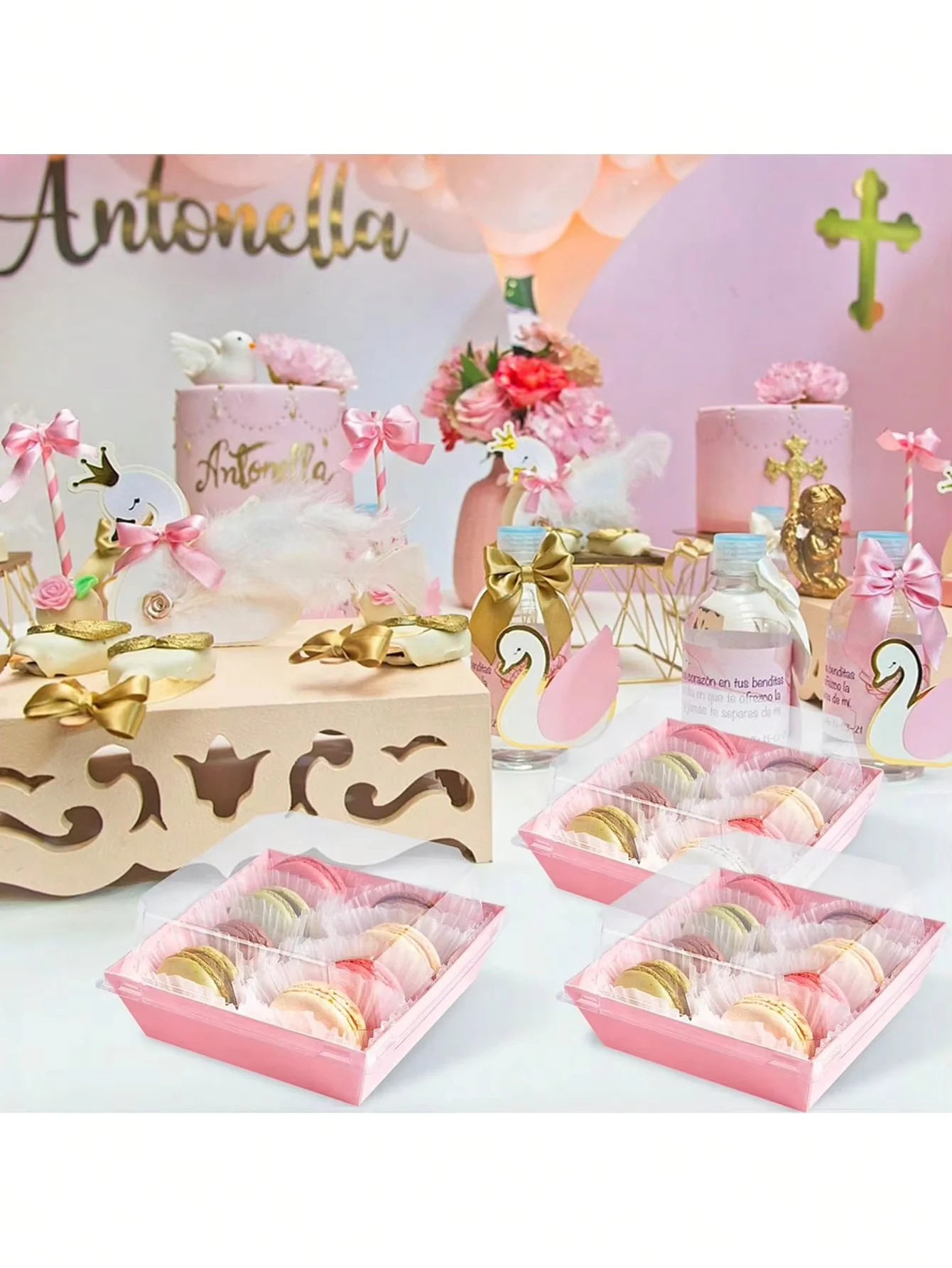 20 Dessertboxen mit transparenten Deckeln, Backboxen für gekochte Lebensmittel, ölbeständiges Kraftpapier, Backbox aus weißem und rosa Kraftpapier Image