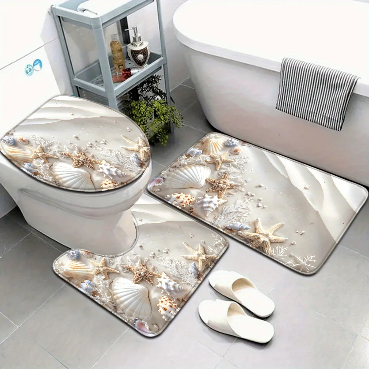 Badezimmer-Set „Sea Star and Shell“ – weiche, rutschfeste Konturmatte, Toilettendeckel und Badematte, geeignet für die Inneneinrichtung im Strandstil Image