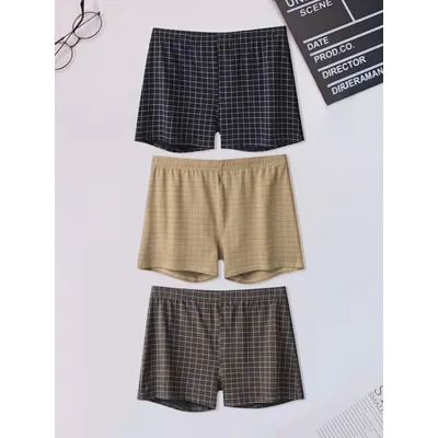 3PCS Herren-Boxershorts mit Karomuster, atmungsaktive Baumwolle, lockerer Shortie für Herren, modische und bequeme, einfache Unterwäsche mit mittlerer Taille Image