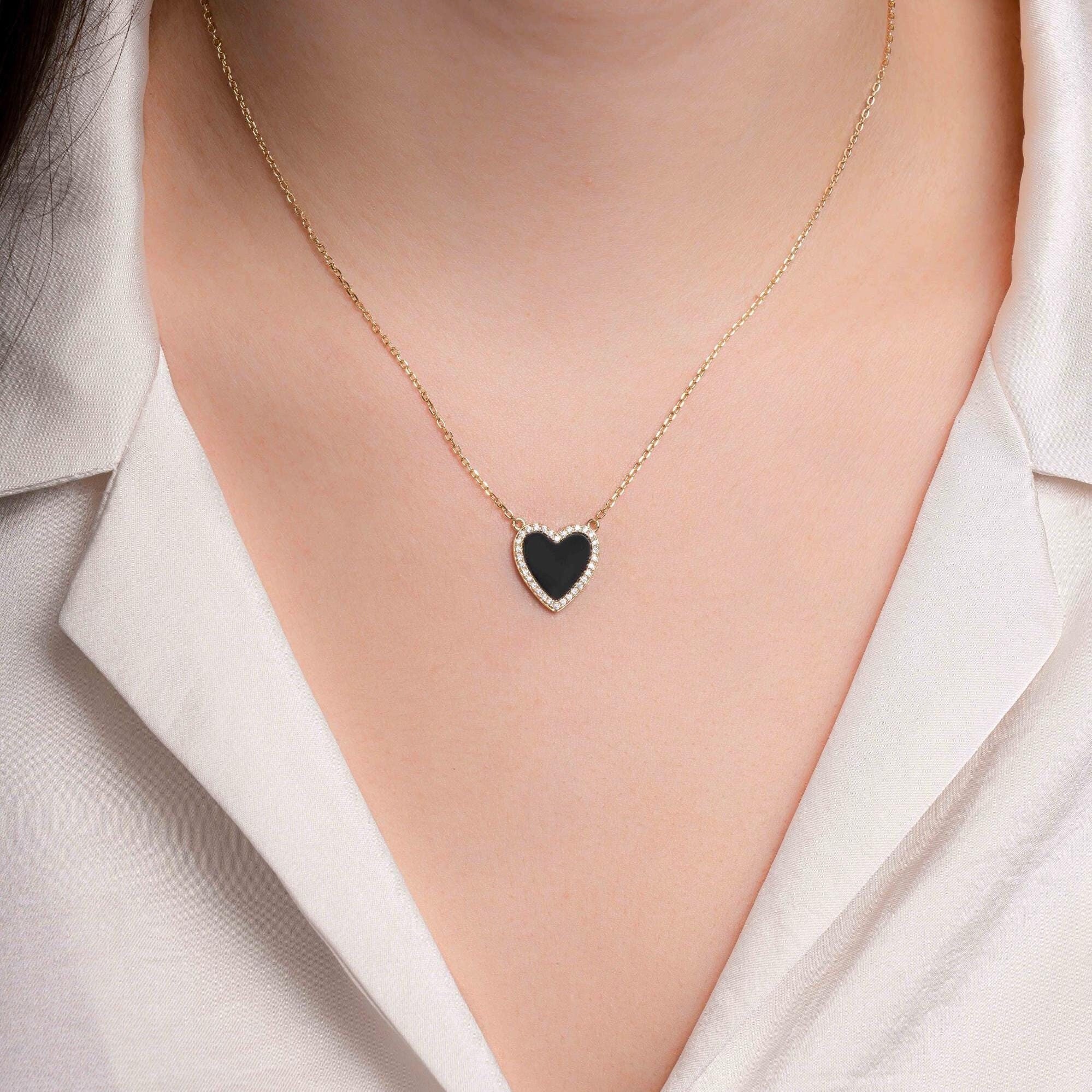 Collana a forma di cuore in onice nero, collana a forma di cuore, ciondolo a forma di cuore, collana delicata, regalo per lei, collana minimalista, co