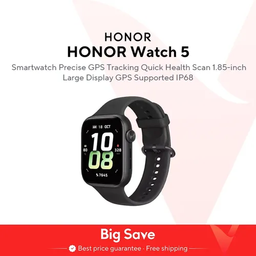 Montre connectée Honor Watch 5 avec AMOLED 1,85 pouces, moniteur de fréquence cardiaque + de sommeil + de stress, fournitures