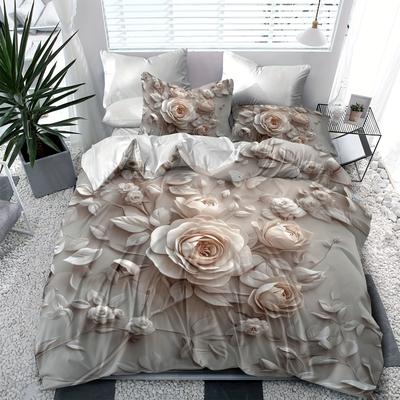 TEMU Chic Rose Pink Duvet Cover Set, , 100% Polyester, Soft And Comfortable , 1 Duvet Cover + 2 Pillowcases, Machine Washable, Zippered, Perfect Valentine's Day Gift Image