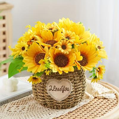 "TEMU 1pc Handmade Woven Basket With "i  Love You" Centerpiece - Vibrant Sunflower Potted Decor For Living Room, Wedding, Aesthetic Decorations" Image