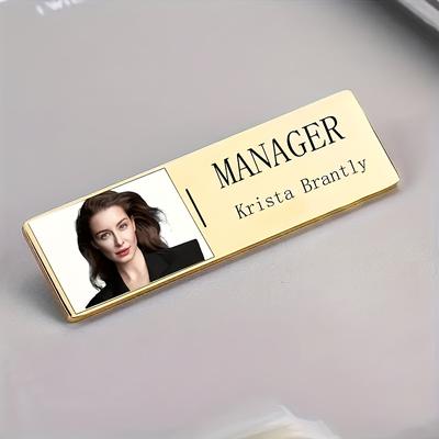 TEMU Custom Engraved Stainless Steel & Acrylic Name Badge Pin - Elegant Golden-tone Design With Personalized Slogan For Managers & Professionals, Square Id Tag With Photo Space Image