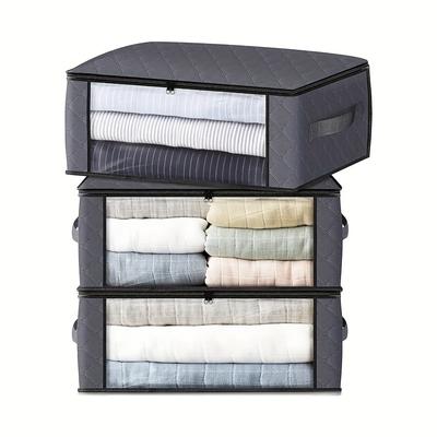 TEMU 3-pack Grey Pvc Window Storage Bags, 3-layer Non-woven Fabric, Transparent, Zipper Closure, Foldable, For Daily And Moving Image