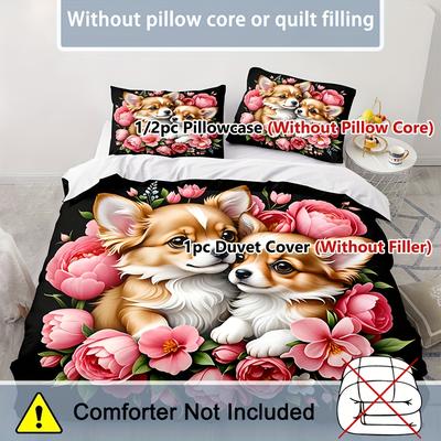 TEMU 2/3pcs Set, Cute And Warm Animals, Flowers Surrounding The Puppy, Animal-themed Bedding Set, Quilt Cover Set, Zipper Design, Machine Washable 1 Quilt Cover +1/2 Pillowcase, No Filling Image