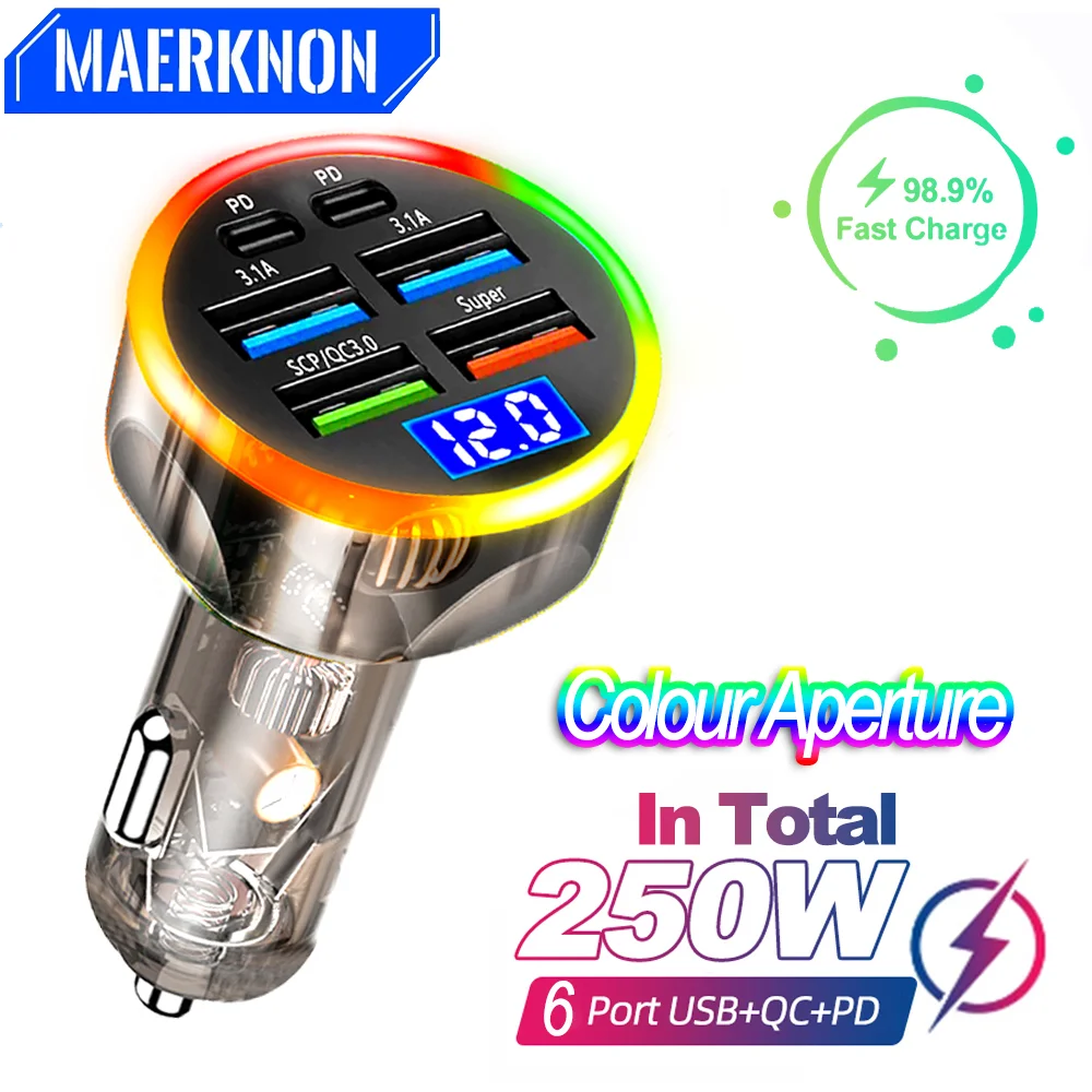 Insgesamt 250 W, superschnelles 6-in-1-USB-C-Autoladegerät PD QC30, LED-Spannungsanzeige für Telefon, GPS, Taschenlampe, Auto-Notstromadapter Image