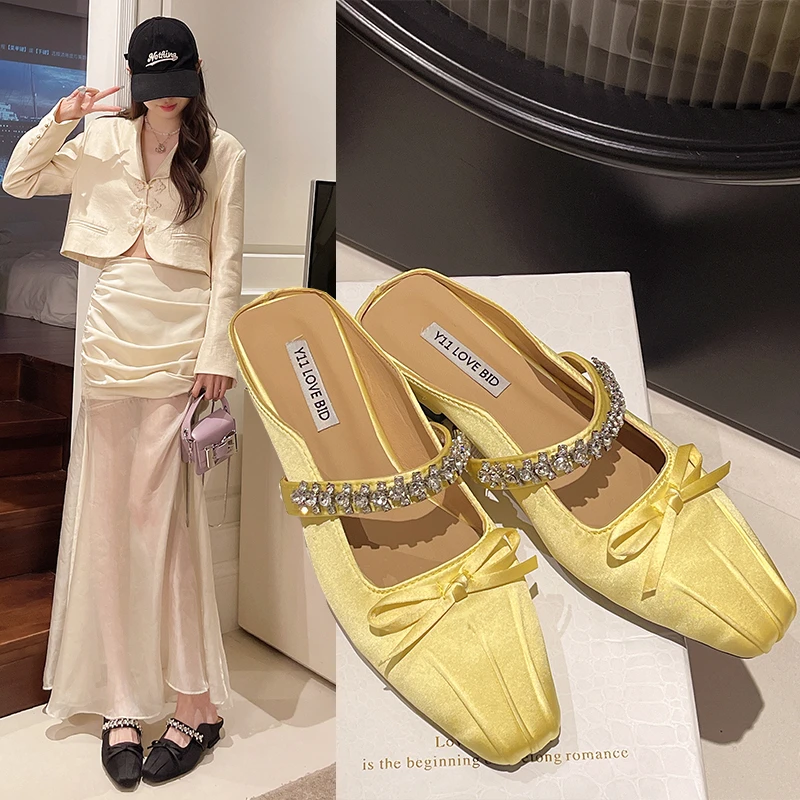 Gelbe Schuhe Luxus Flats Slides Hausschuhe Schuhe für Frauen Pantoletten Mode Strass Damen Flats Hausschuhe Sandalen Schuhe