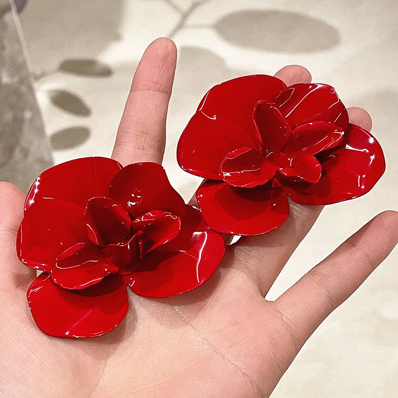 Vintage rote Emaille Metall große Blumen für Frauen übertrieben eleganten Braut Hochzeit Schmuck Urlaub Zubehör