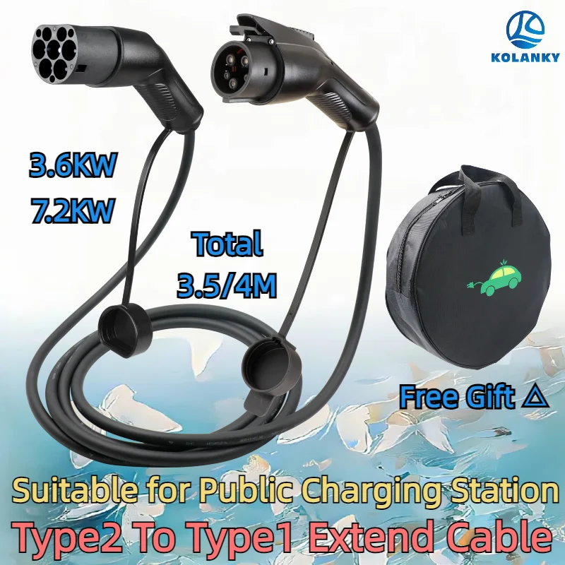 Verlängerungskabel 16 A 3,6 kW/7,2 kW Elektrofahrzeugkabel 3,5 m/4 m Typ 2 bis Typ 1 EVSE öffentliche Ladestation Buchse auf Stecker Image
