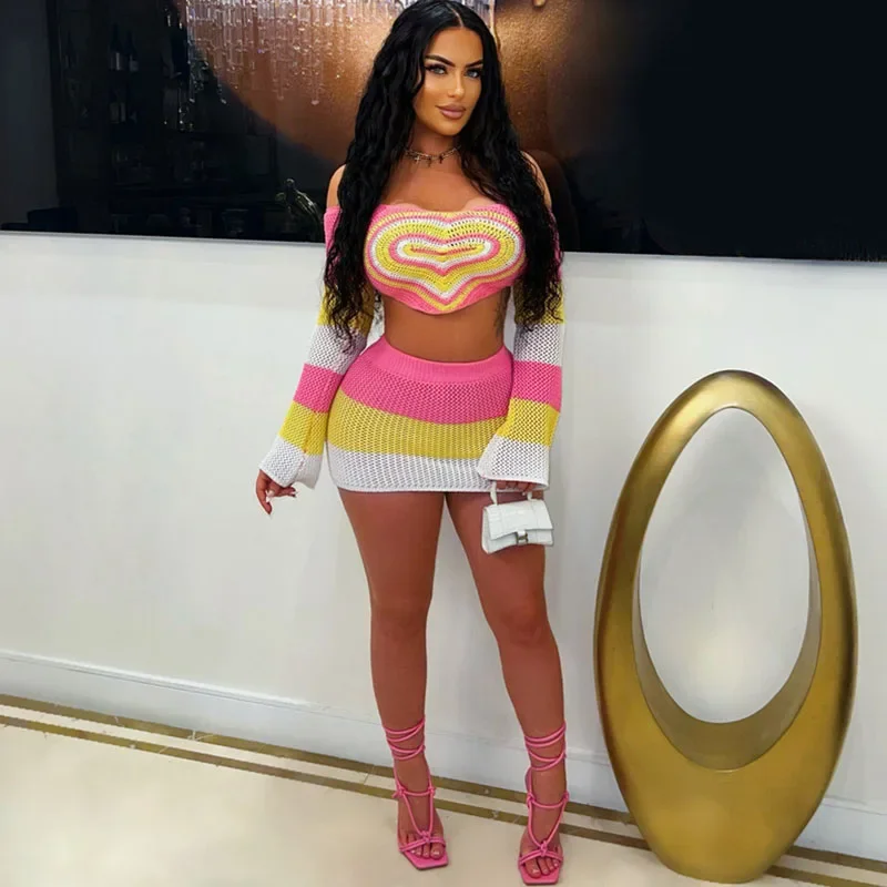 Love Gestrickte Geburtstags-Outfits, Damenbekleidung, 2-teiliges Set, Strand-Sets mit ausgestellten Ärmeln, Slash-Ausschnitt, bauchfreies Top und Minirock-Sets Image